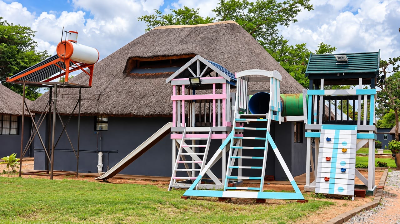A children's play structure with a slide, climbing wall and tower set against a thatched-roof building at Shayanewako