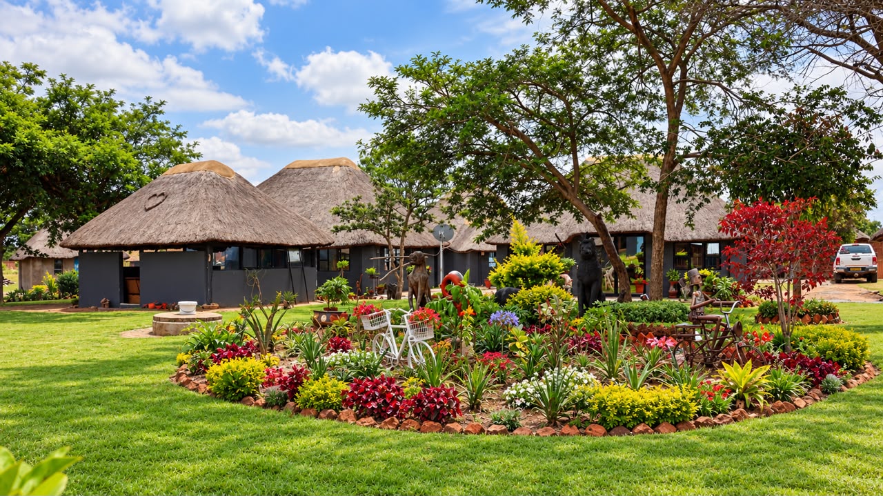 A circular flower garden with animal statues and a decorative bicycle planter at Shayanewako