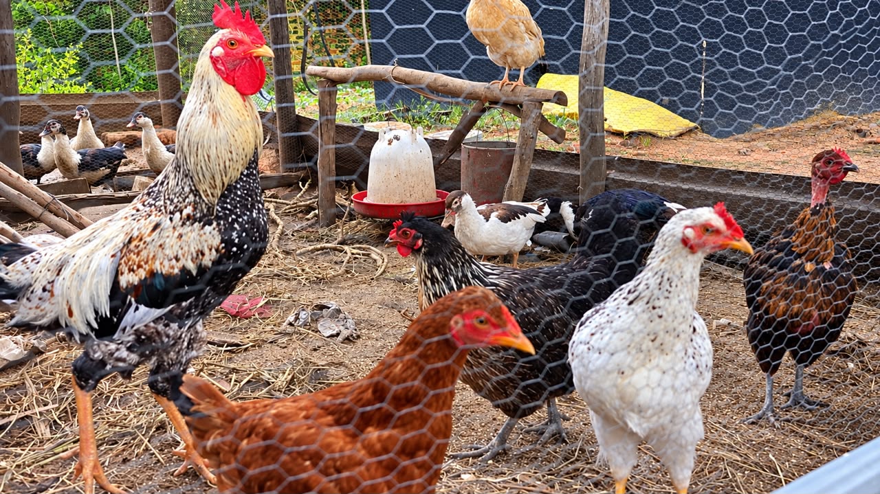 A rooster, hens and ducks in the Shayanewako poultry enclosure