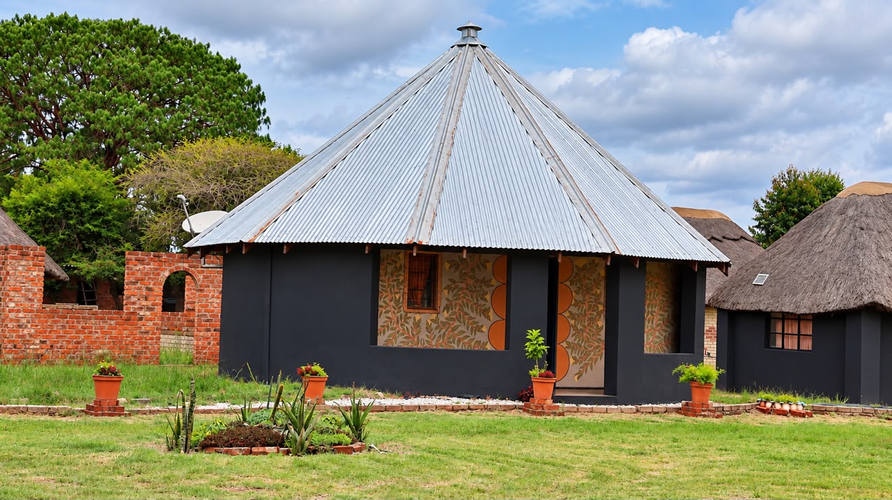 A thatched rondavel with a corrugated metal roof, its walls decorated with a painted leaf and flower mural