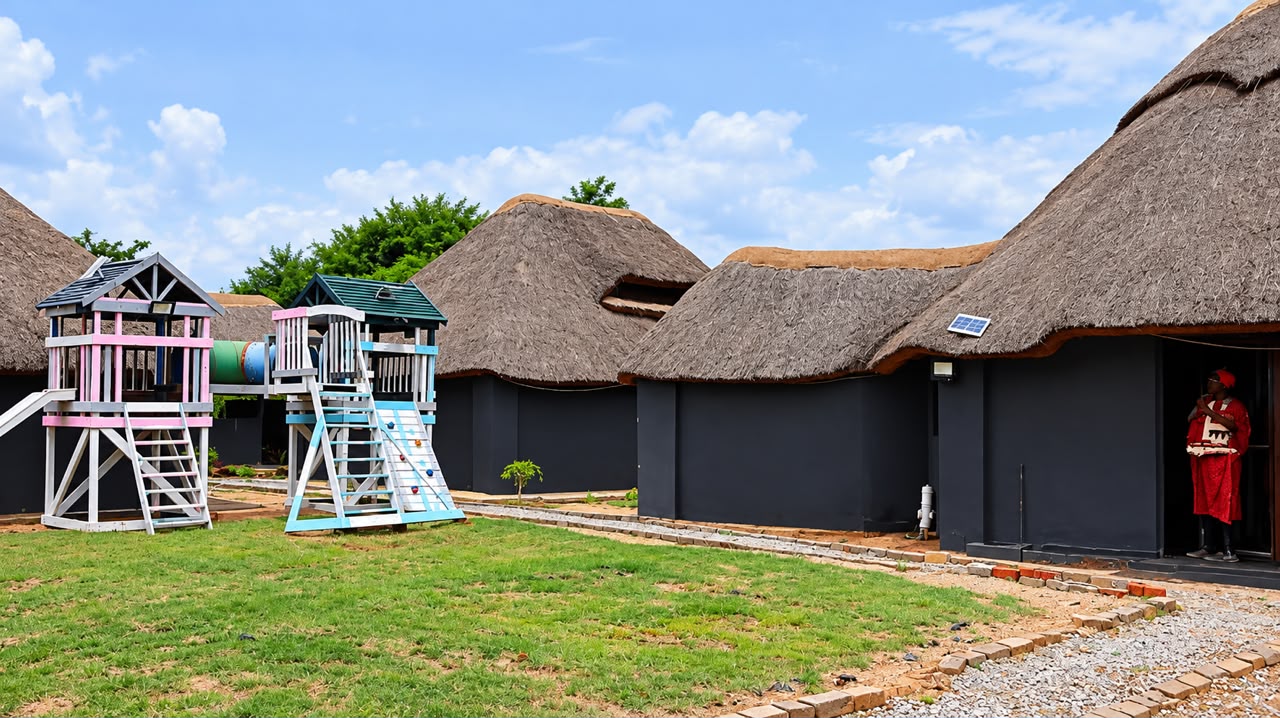 Children's play structures in front of thatched-roof buildings at Shayanewako, with a caregiver in traditional attire in a doorway